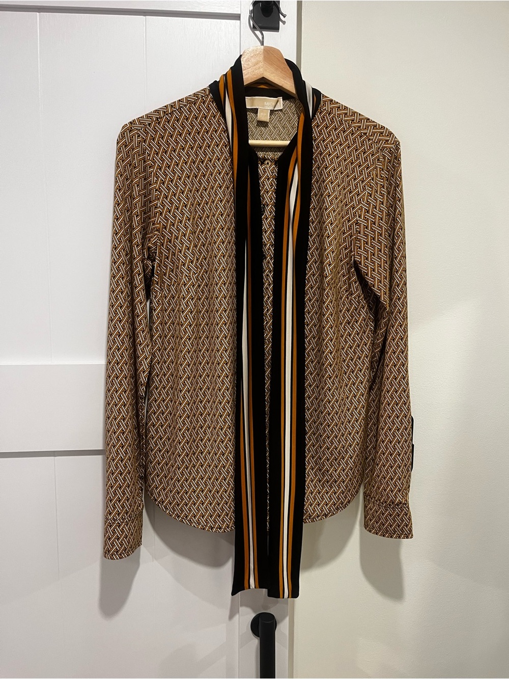Michael Kors Patterned Tie-Neck Blouse in Brown, black & yellow